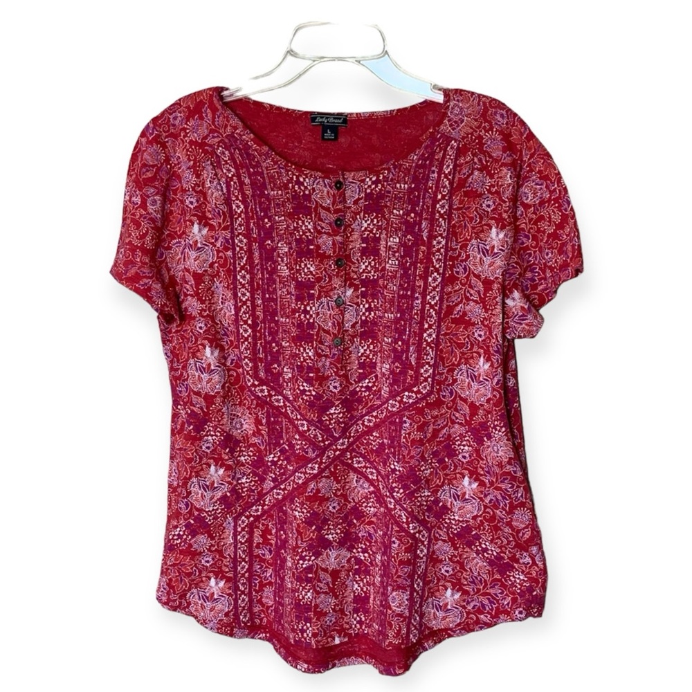 Lucky Brand Red Print Short Sleeve Shirt with Buttons - Size Large